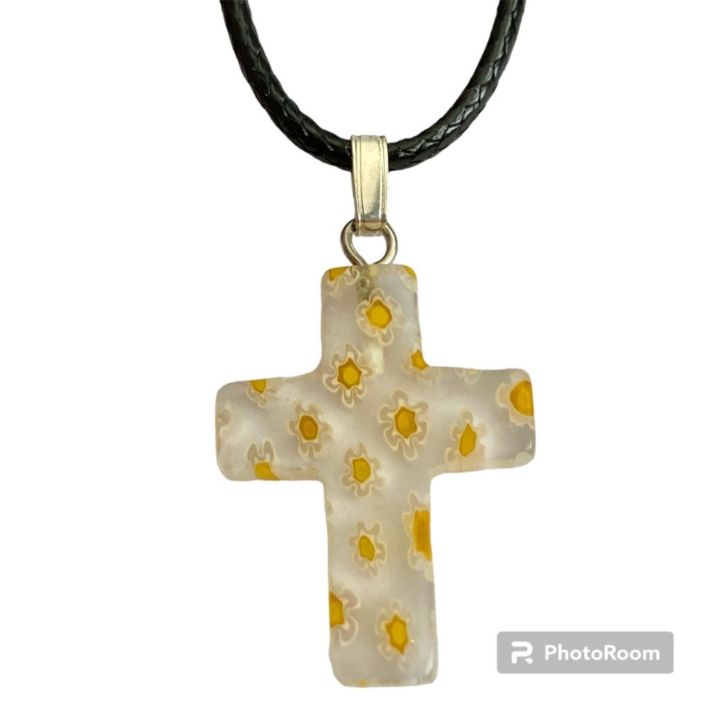 Yellow Murano Art Glass Cross Necklace Millefiori Flowers Vintage Black Cord 18"